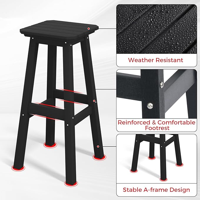 Costaelm 29" Height Outdoor Bar Stools, All-Weather Bar Stools, Adirondack Poly Patio Square Bar Stool for Patio, Deck, Kitchen Counter and Garden, Black