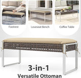 HAPPYGRILL Patio Rattan Loveseat Bench Ottoman, 43 Inch Outdoor Seat with Metal Legs & Seat Cushion - Photo 7