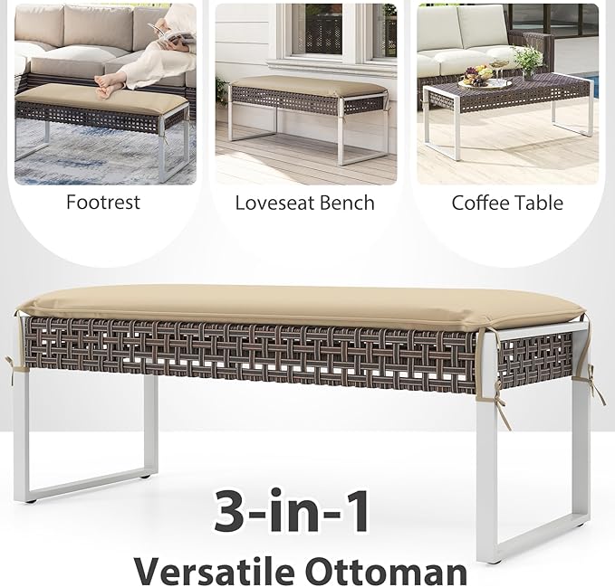 HAPPYGRILL Patio Rattan Loveseat Bench Ottoman, 43 Inch Outdoor Seat with Metal Legs & Seat Cushion, Wicker Footstool Seating Furniture for Backyard, Poolside, Front Porch (1)