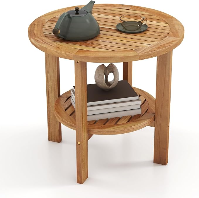 Giantex 19.5" Outdoor Round Side Table, 2-Tier Patio Table with Slatted Tabletop & Open Storage Shelf, Easy Assembly, Teak Wood Small End Table for Porch, Backyard, Garden, Deck, Pool, Natural