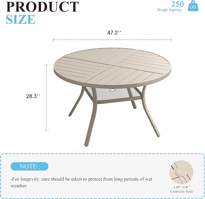 VICLLAX 47.2" Round Patio Table with Umbrella Hole, All Weather Metal Outdoor Dining Table for 6 - Photo 2