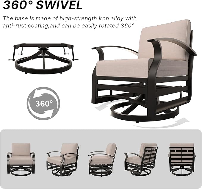 Gotland 2 Piece Patio Set, Metal Outdoor Swivel Chairs Set of 2 with 5.1’’ High-Resilience Seat Cushions 6.2’’ Back Pillow Removable Cushions for Backyard, Lawn, Porch, Khaki