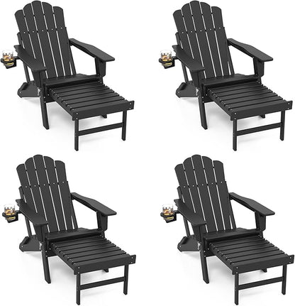 FOOWIN Adjustable Adirondack Chair with Retractable Ottoman Set of 4, Folding Adirondack Chair with Cup Holder, HDPE All-Weather Fire Pit Chair for Patio, Yard, Poolside, Black