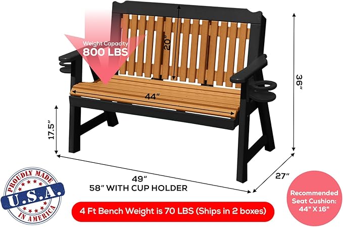 2-Person 4FT Plastic Poly Lumber Wood Cup Holders Bench Amish Craftsmanship Made in USA HDPE with No wood fibers Memorial Patio Outdoor Garden Porch Church Logan Series Signature design 800 lbs Limit