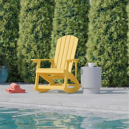 Pemberly Row Modern Plastic Adirondack Rocking Chair, Yellow Finish, Weather-Resistant Polystyrene with UV Treatment, Comfortable Wide Arms and Back, Indoor/Outdoor Use, 39.5" H x 29.5" W x 37.75" D