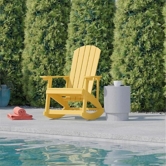 Pemberly Row Modern Plastic Adirondack Rocking Chair, Yellow Finish, Weather-Resistant Polystyrene with UV Treatment, Comfortable Wide Arms and Back, Indoor/Outdoor Use, 39.5" H x 29.5" W x 37.75" D