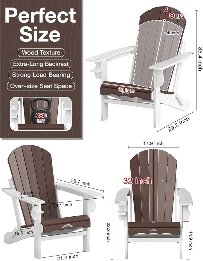 Folding Adirondack Chair –Recyclable HDPE Outdoor Adirondack Patio Chair with Cup Holder, Wood Texture & Umbrella Hole - Photo 2