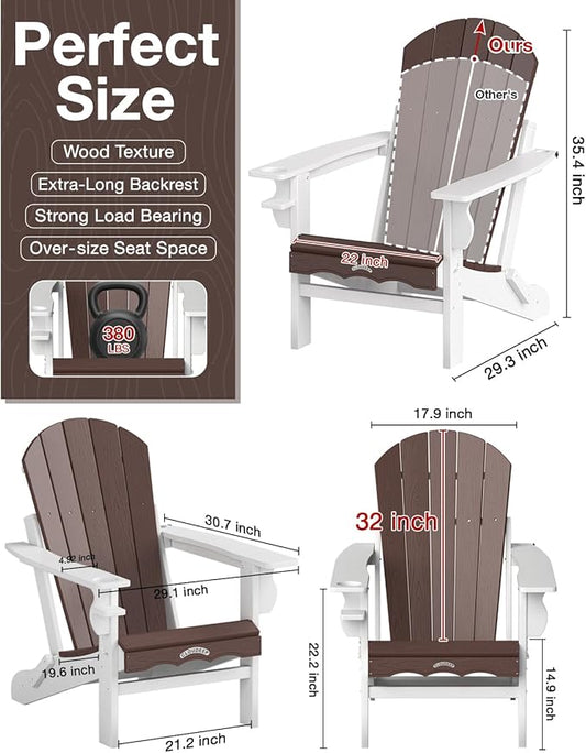 Folding Adirondack Chair –Recyclable HDPE Outdoor Adirondack Patio Chair with Cup Holder, Wood Texture & Umbrella Hole, 25-Year Fade-Free All Weather for Fire Pit, Porch, Poolside, Deck, Brown & White