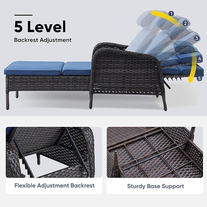 Belord 3 Piece Outdoor Chaise Lounge Patio Recliner - 75 Inch Adjustable Wicker Chaise Lounge with Soft Pillow Removable Cushions, All Weather Rattan Pool Lounge Chair Set of 2 for Poolside Brown/Blue