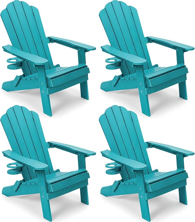 JEKO&JEKO Folding Adirondack Chairs Set of 4, All-Weather Outdoor Chair with Cup Holder, Plastic Adirondack Chair for Patio, Garden, Lawn, Porch, Deck, Backyard – Aruba Blue