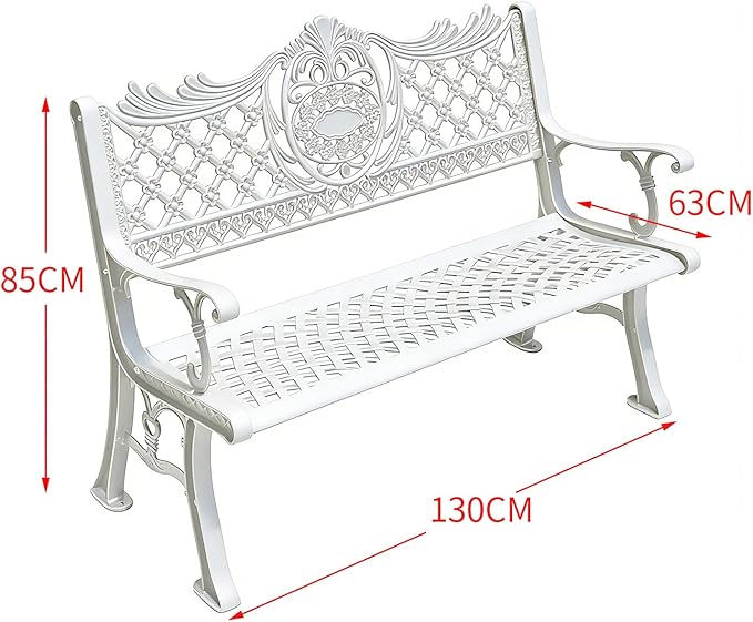 51" Outdoor Bench Garden Bench Cast Aluminum Bench with Floral Back Metal Front Porch Benches for Yard Patio Entryway Park (Pitted White)