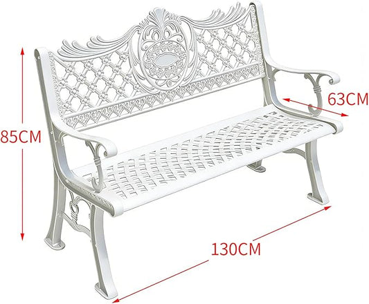 51" Outdoor Bench Garden Bench Cast Aluminum Bench with Floral Back Metal Front Porch Benches for Yard Patio Entryway Park (Pitted White)