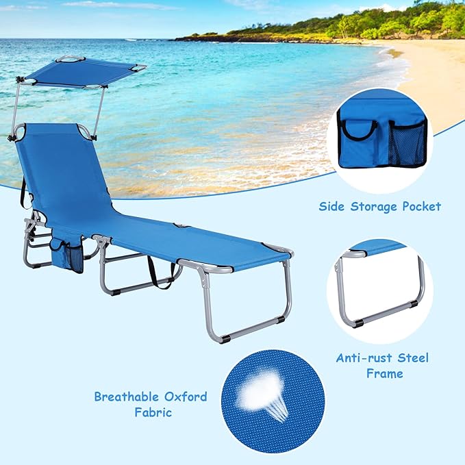 Tangkula Outdoor Folding Chaise Lounge Chair, 5-Fold Reclining Beach Chair, Patio Recliner Chair w/ 360° Canopy Shade & Side Storage Pocket, Portable Chaise Lounge for Beach, Sunbathing (2, Navy)