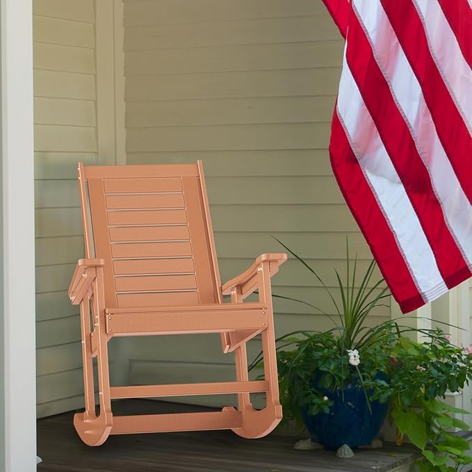 GREENVINES Outdoor Rocking Chairs | Set of 4 | Porch Rocker | HDPE Plastic | Teak | Oversized Rockers | High Back | Big & Tall | Ladder Back | for Patio Outside Backyard Balcony Garden