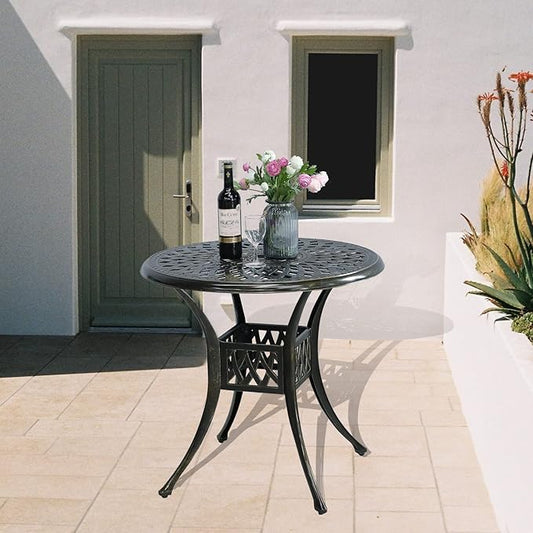 Outdoor Cast Aluminum Patio Table, 31” Round Bistro Table with 2” Umbrella Hole for Patio Furniture Garden Deck Backyard