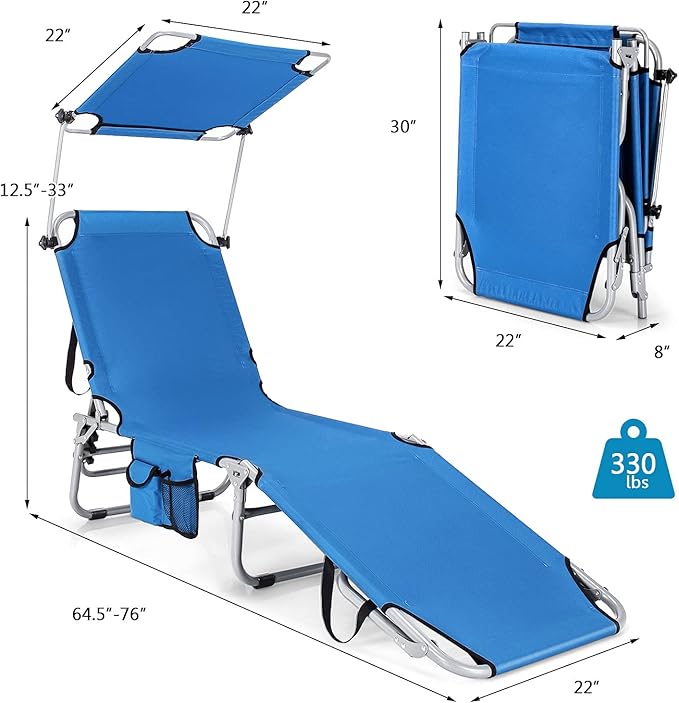 Goplus Tanning Chair, Foldable Beach Lounge Chair with 360°Canopy Sun Shade, Side Pocket - Photo 3