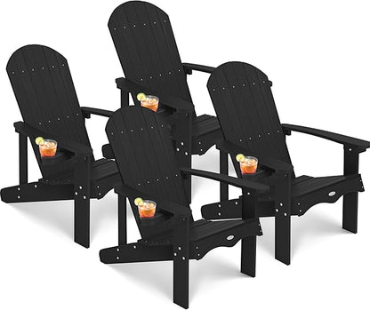 Y&M Adirondack Chair Set of 4, Black Fire Pit Chairs, Outdoor Patio Chairs with Cup Holder, Weather Resistant HDPE Wooden Textured Patio Chairs, Perfect for Garden, Lawn, Deck, or Poolside