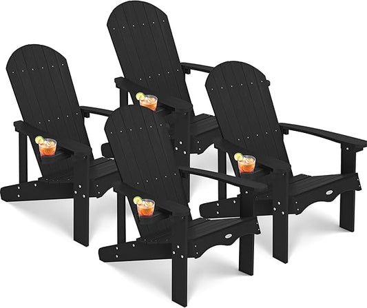 Y&M Adirondack Chair Set of 4, Black Fire Pit Chairs, Outdoor Patio Chairs with Cup Holder, Weather Resistant HDPE Wooden Textured Patio Chairs, Perfect for Garden, Lawn, Deck, or Poolside
