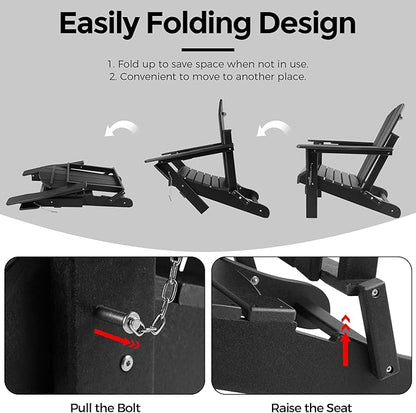Magpie Fabrics Foldable Adirondack Chair with Cup Holder, HDPE Weather Resistant Oversize Outdoor Chair, Widely Used in Patio, Fire Pit, Deck, Porch, Garden, Campfire (Black)