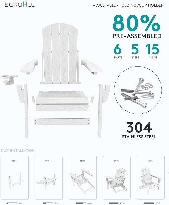 SERWALL 5-Piece Adirondack Chair and Ottoman and Table Set, White - Photo 7