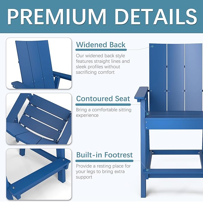 Tall Adirondack Chair Set of 2, HDPE Balcony Chairs with Connecting Tray, Two Cup Holders, All-Weather Adirondack Bar Stools for Patio, Balcony, Backyard, Poolside, Navy Blue