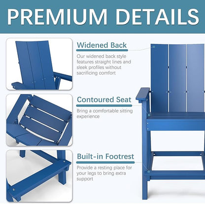 Tall Adirondack Chair Set of 2, HDPE Balcony Chairs with Connecting Tray, Two Cup Holders, All-Weather Adirondack Bar Stools for Patio, Balcony, Backyard, Poolside, Navy Blue