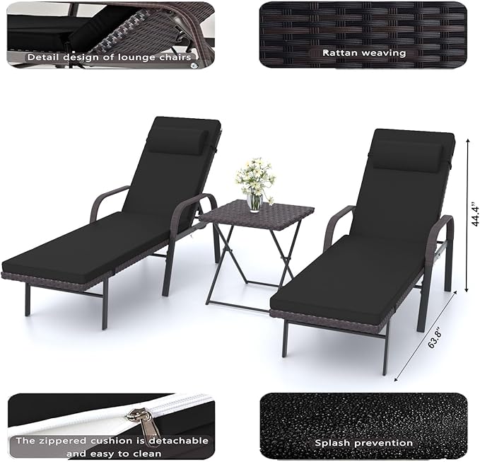 Patio Chaise Lounge Set 3 Pieces Outdoor Lounge Chair with Rattan Adjustable Backrest Armrest and Folding Table for Beach Patio,Sand, for Poolside Backyard Porch