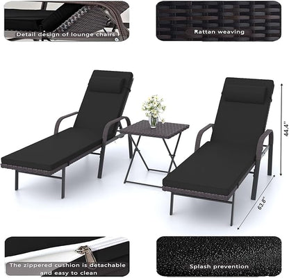 Patio Chaise Lounge Set 3 Pieces Outdoor Lounge Chair with Rattan Adjustable Backrest Armrest and Folding Table for Beach Patio,Sand, for Poolside Backyard Porch
