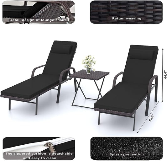 Patio Chaise Lounge Set 3 Pieces Outdoor Lounge Chair with Rattan Adjustable Backrest Armrest and Folding Table for Beach Patio,Sand, for Poolside Backyard Porch