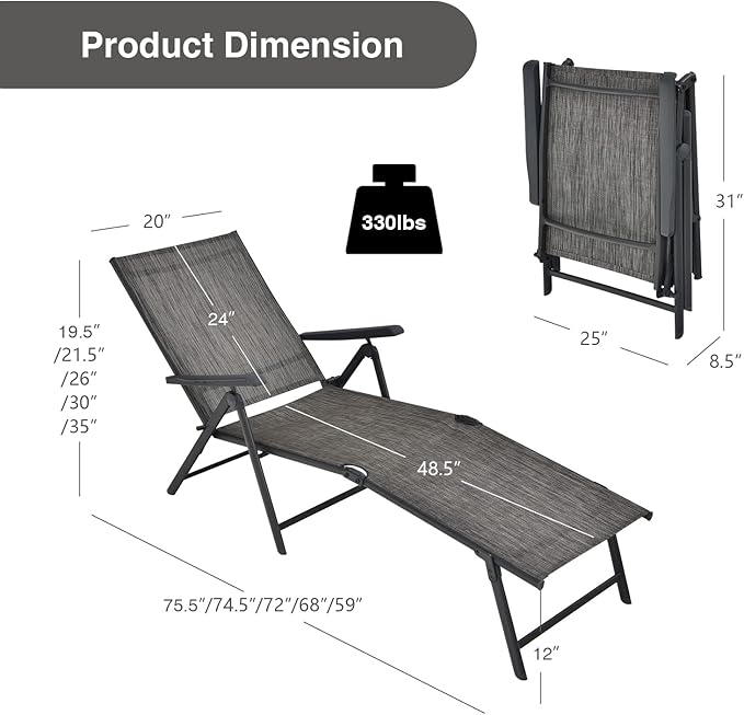 COSTWAY Folding Chaise Lounge, Lightweight & Breathable Fabric, Outdoor Tanning Recliner Chair for Deck, Beach (Grey) - Photo 3