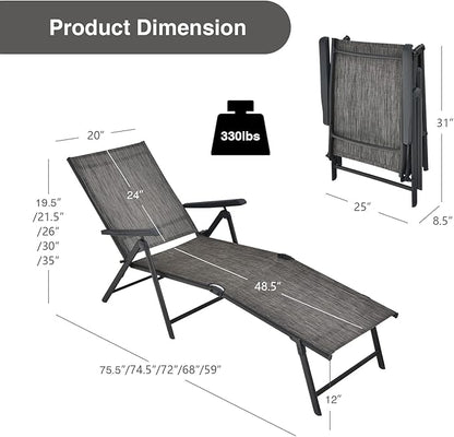 Giantex Set of 2 Patio Lounge Chair Foldable Chaise Lounger, Outdoor Sunbathing Chair W/ 5-Position Backrest, 2-Position Footrest, Portable Recliner for Yard, Lawn Tanning Pool Chairs (Grey)