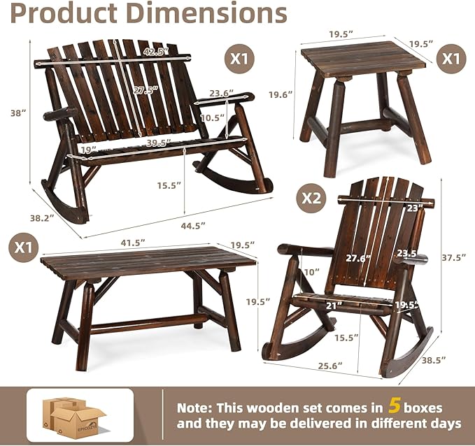 5-Piece Outdoor Wood Rocking Bistro Set, Rustic Wooden Conversation Set Including 2-Seater Loveseat, 2 Coffee Table, 2 Log Rocker Chair, Patio Furniture Chair Set for Lawn Yard, Carbonized
