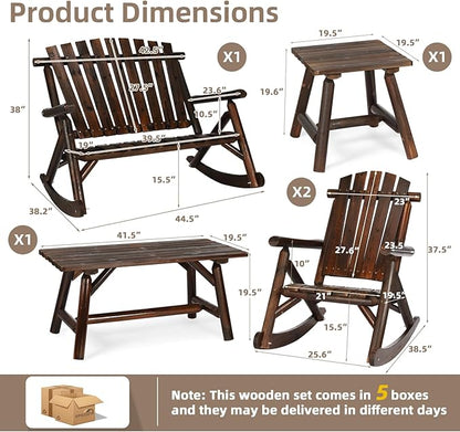 5-Piece Outdoor Wood Rocking Bistro Set, Rustic Wooden Conversation Set Including 2-Seater Loveseat, 2 Coffee Table, 2 Log Rocker Chair, Patio Furniture Chair Set for Lawn Yard, Carbonized