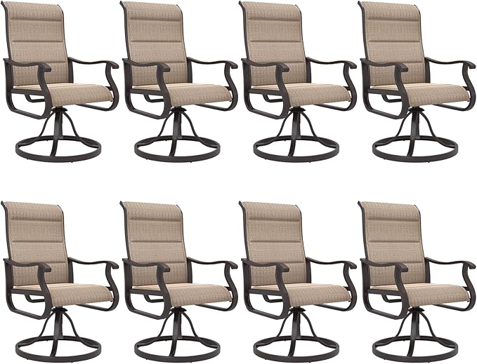 Amopatio Padded Patio Swivel Chairs Set of 8, Outdoor Dining Chairs with Ultra Soft Textilene High Back Seat & Metal Rocker Frame, for Backyard Deck Lawn Garden, Brown
