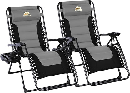 Oversized Padded Zero Gravity Lounge Chair Set of 2, Foldable Patio Anti Gravity Reclining Chairs Folding Lawn Recliner with Cup Holder for Yard, Camping, Outdoor, Support 350 LBS, Black