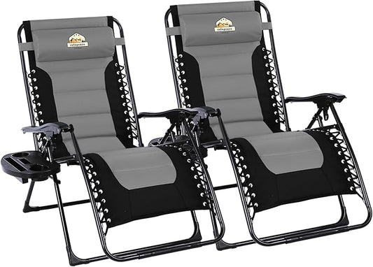 Oversized Padded Zero Gravity Lounge Chair Set of 2, Foldable Patio Anti Gravity Reclining Chairs Folding Lawn Recliner with Cup Holder for Yard, Camping, Outdoor, Support 350 LBS, Black
