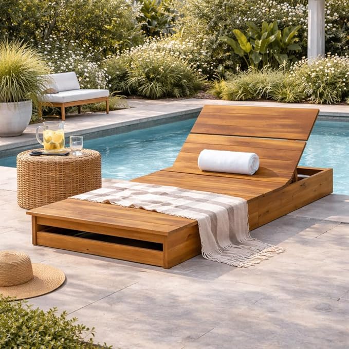Christopher Knight Home Bard Patio Chaise Lounge Chair Outdoor, Acacia Wood Poolside Sun Lounger with Slatted Design - Photo 1