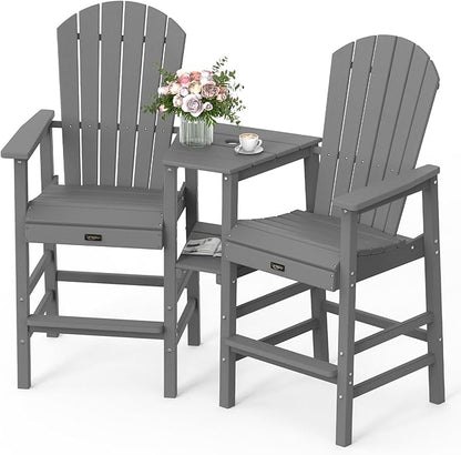 VINGLI Tall Adirondack Chairs Set of 2 with Dual Trays, All-Weather HDPE Outdoor BarStools Poly Deck Chairs for Patio, Poolside and Balcony (Grey)