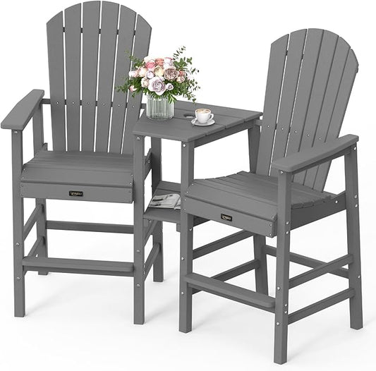 VINGLI Tall Adirondack Chairs Set of 2 with Dual Trays, All-Weather HDPE Outdoor BarStools Poly Deck Chairs for Patio, Poolside and Balcony (Grey)