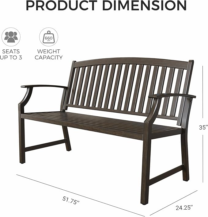 Grand patio 52" Farmhouse Outdoor Bench, Garden Benches with Anti-Rust Aluminum Powder Coated Frame, Faux Wood Grain Finish Frame Patio Bench for Front Porch, Northwoods Brown