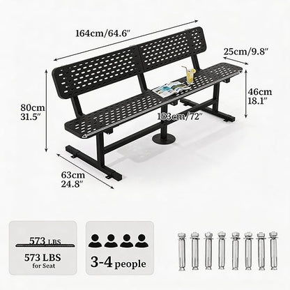 DWVO Heavy Duty Park Bench for Outside 6ft Metal with Backrest Weatherproof Coated Steel Commercial Grade Furniture Set Industrial Mesh Design for Garden Patio Public Areas
