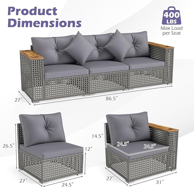 Tangkula 86.5" Large 3-Seat Patio Wicker Sofa, 3 Pieces PE Rattan Sectional Furniture Set with Cup Holders & Wood Armrest, Outdoor Couch Set with Armless & 2 Corner Sofas for Garden, Yard, Porch, Grey