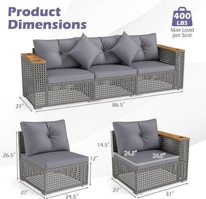 Tangkula 86.5" Large 3-Seat Patio Wicker Sofa, 3 Pieces PE Rattan Sectional Furniture Set with Cup Holders & Wood Armrest, Outdoor Couch Set with Armless & 2 Corner Sofas for Garden, Yard, Porch, Grey