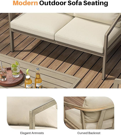 Outdoor Patio Loveseat, Never-Rust Aluminum Outdoor Loveseat Couch with Thick Cushions, Modern 2-Seater Patio Sofa Bench, Outdoor Sofa Loveseat Furniture for Poolside, Garden, Gray Oak | Never-Rust, Wood-Grain Texture, Wraparound Design, Removable Cush...