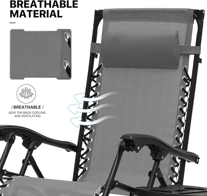 MoNiBloom Zero Gravity Chair Set of 2 with Canopy Shade, Patio Folding Anti Gravity Recliner, Foldable Outdoor Lounger with Cup Holder Tray for Beach Camping, Grey