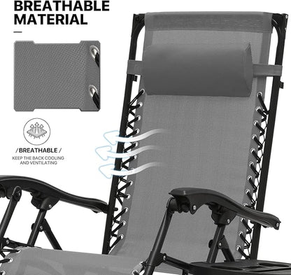 MoNiBloom Zero Gravity Chair Set of 2 with Canopy Shade, Patio Folding Anti Gravity Recliner, Foldable Outdoor Lounger with Cup Holder Tray for Beach Camping, Grey