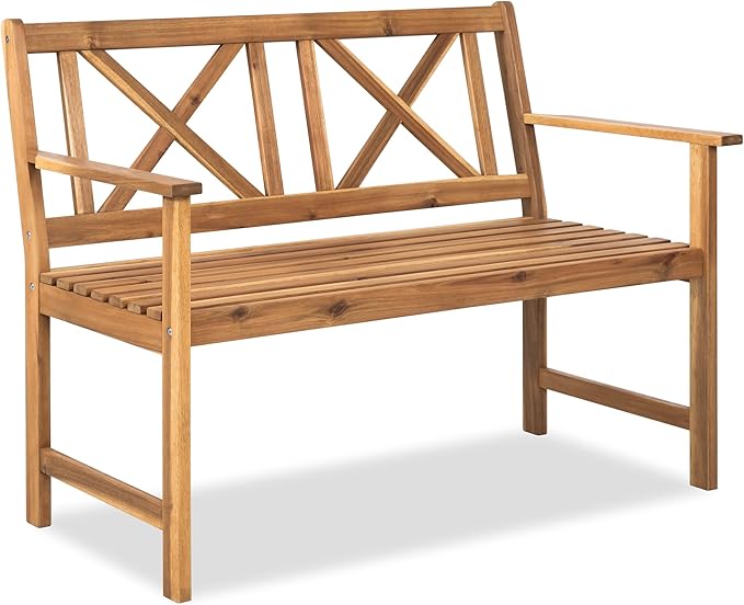 Outdoor Garden Bench Wood Bench in Natural Acacia Wood with Cross Back Design, Patio Dining Furniture for Front Porch, Patio, Lawn, Balcony, Yard, Porch, 47.2" x 24" x 35.4"