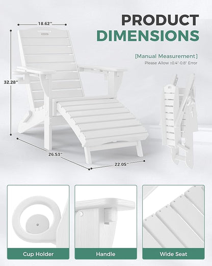 Folding Adirondack Chair with Retractable Ottoman, Weather Resistant Fire Pit Chair Patio Chair with 2 Cup Holder Lawn Outdoor Lounge Chair (White)