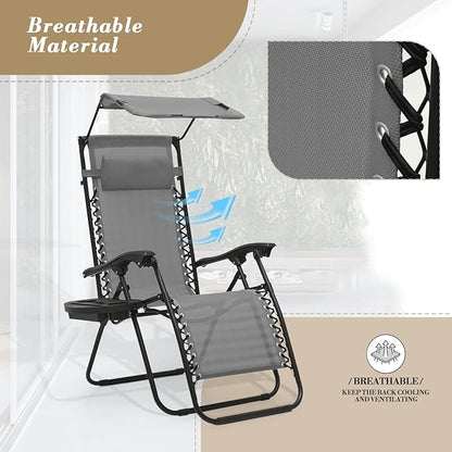 Athena Collection Zero Gravity Outdoor Lounge Chair Set of 2 with Canopy Shade, 25" Width Pool Lounge Lawn Chairs Reclining with Cup Holder, Outdoor Chaise for Beach Patio Outside, Grey