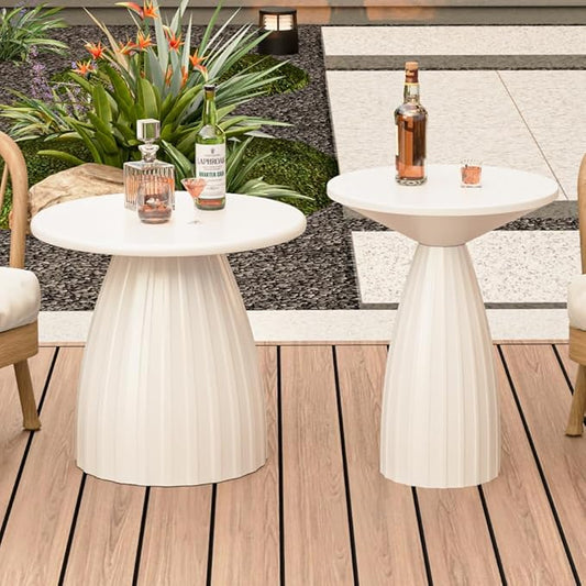 Round Small Patio Side Table Set of 2, Metal Steel Outdoor Side Table, Patio Accent End Table for Garden, Pool, Deck, Balcony, Yard, Living Room, White, Weather Resistant, No Assembly
